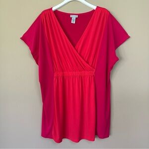 Catherines Pink Babydoll Top Vneck Women 2X 22/24W Stretchy Orange Short Sleeve